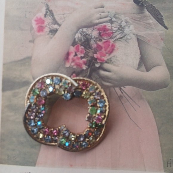 Jewelry - Vintage 80's Crystal Brooch Pin Encrusted Rhinestones Gold Filled Multi-Color
